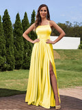 A-Line/Princess Silk Like Satin Ruffles Straps Sleeveless Floor-Length Bridesmaid Dresses Evening Prom Dress