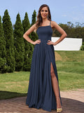 A-Line/Princess Silk Like Satin Ruffles Straps Sleeveless Floor-Length Bridesmaid Dresses Evening Prom Dress