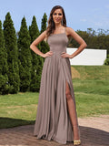 A-Line/Princess Silk Like Satin Ruffles Straps Sleeveless Floor-Length Bridesmaid Dresses Evening Prom Dress