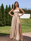 A-Line/Princess Silk Like Satin Ruffles Straps Sleeveless Floor-Length Bridesmaid Dresses Evening Prom Dress