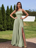 A-Line/Princess Silk Like Satin Ruffles Straps Sleeveless Floor-Length Bridesmaid Dresses Evening Prom Dress