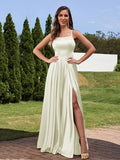 A-Line/Princess Silk Like Satin Ruffles Straps Sleeveless Floor-Length Bridesmaid Dresses Evening Prom Dress
