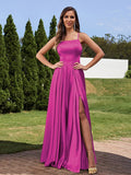 A-Line/Princess Silk Like Satin Ruffles Straps Sleeveless Floor-Length Bridesmaid Dresses Evening Prom Dress