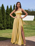 A-Line/Princess Silk Like Satin Ruffles Straps Sleeveless Floor-Length Bridesmaid Dresses Evening Prom Dress