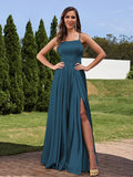 A-Line/Princess Silk Like Satin Ruffles Straps Sleeveless Floor-Length Bridesmaid Dresses Evening Prom Dress