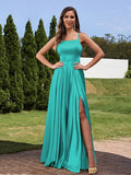 A-Line/Princess Silk Like Satin Ruffles Straps Sleeveless Floor-Length Bridesmaid Dresses Evening Prom Dress