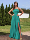 A-Line/Princess Silk Like Satin Ruffles Straps Sleeveless Floor-Length Bridesmaid Dresses Evening Prom Dress