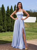 A-Line/Princess Silk Like Satin Ruffles Straps Sleeveless Floor-Length Bridesmaid Dresses Evening Prom Dress