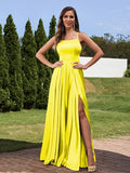 A-Line/Princess Silk Like Satin Ruffles Straps Sleeveless Floor-Length Bridesmaid Dresses Evening Prom Dress