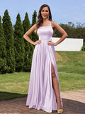 A-Line/Princess Silk Like Satin Ruffles Straps Sleeveless Floor-Length Bridesmaid Dresses Evening Prom Dress