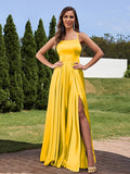 A-Line/Princess Silk Like Satin Ruffles Straps Sleeveless Floor-Length Bridesmaid Dresses Evening Prom Dress