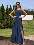 A-Line/Princess Silk Like Satin Ruffles Straps Sleeveless Floor-Length Bridesmaid Dresses Evening Prom Dress