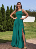 A-Line/Princess Silk Like Satin Ruffles Straps Sleeveless Floor-Length Bridesmaid Dresses Evening Prom Dress