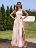 A-Line/Princess Silk Like Satin Ruffles Straps Sleeveless Floor-Length Bridesmaid Dresses Evening Prom Dress