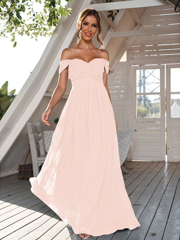 A-Line/Princess Chiffon Ruched Off-The-Shoulder Sleeveless Floor-Length Bridesmaid Dresses Evening Dress