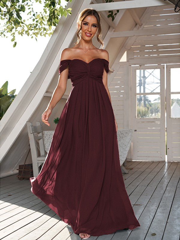 A-Line/Princess Chiffon Ruched Off-The-Shoulder Sleeveless Floor-Length Bridesmaid Dresses Evening Dress
