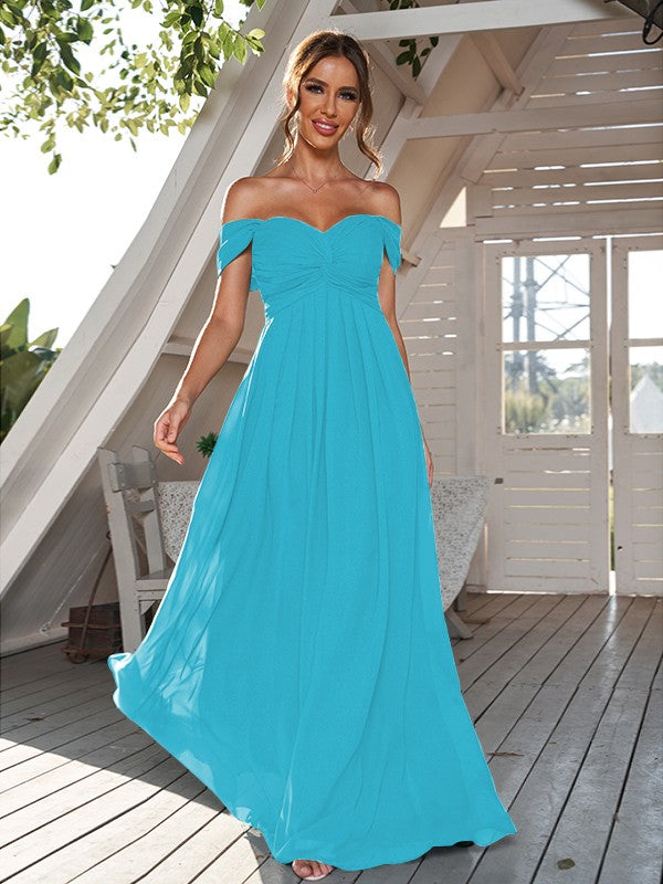 A-Line/Princess Chiffon Ruched Off-The-Shoulder Sleeveless Floor-Length Bridesmaid Dresses Evening Dress