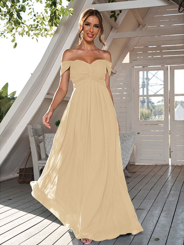 A-Line/Princess Chiffon Ruched Off-The-Shoulder Sleeveless Floor-Length Bridesmaid Dresses Evening Dress
