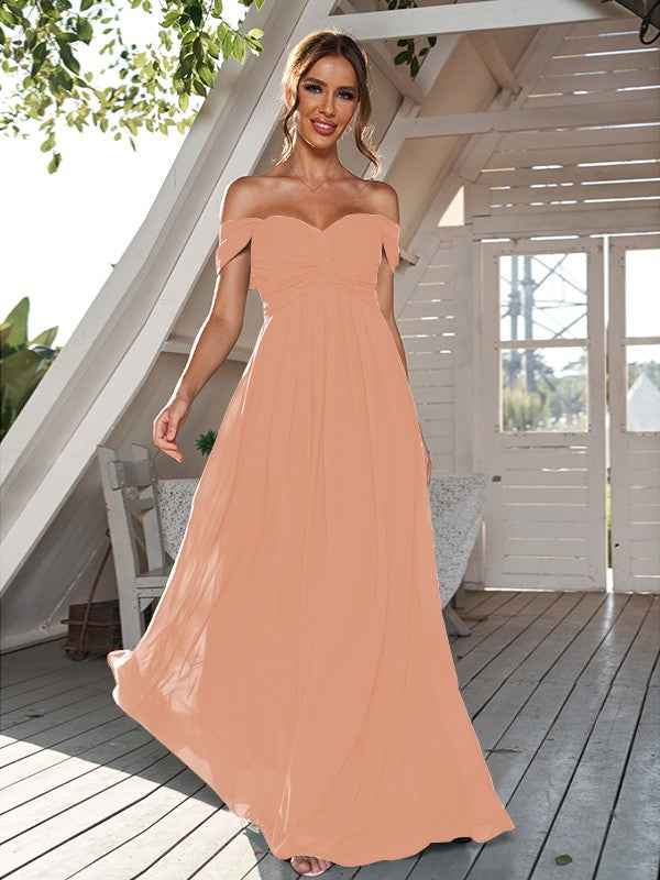 A-Line/Princess Chiffon Ruched Off-The-Shoulder Sleeveless Floor-Length Bridesmaid Dresses Evening Dress