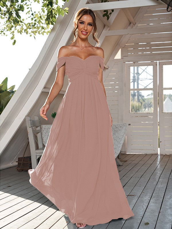 A-Line/Princess Chiffon Ruched Off-The-Shoulder Sleeveless Floor-Length Bridesmaid Dresses Evening Dress