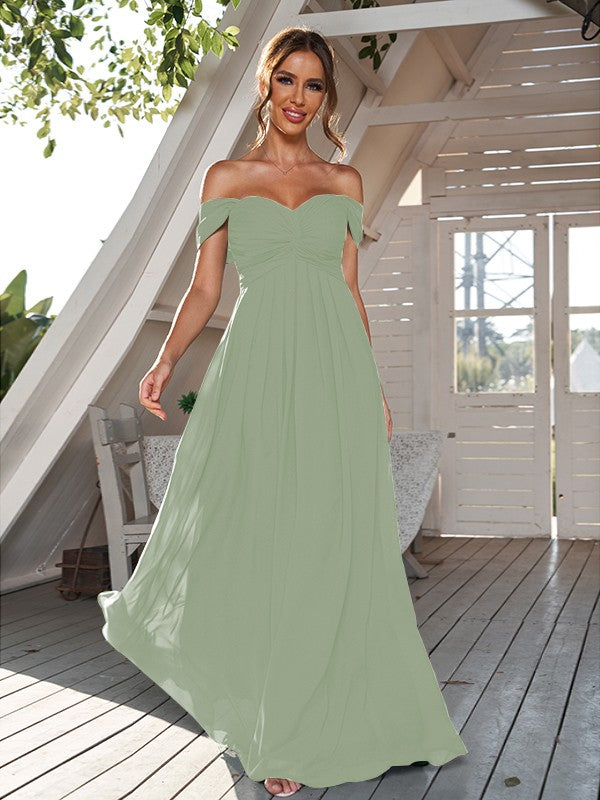 A-Line/Princess Chiffon Ruched Off-The-Shoulder Sleeveless Floor-Length Bridesmaid Dresses Evening Dress