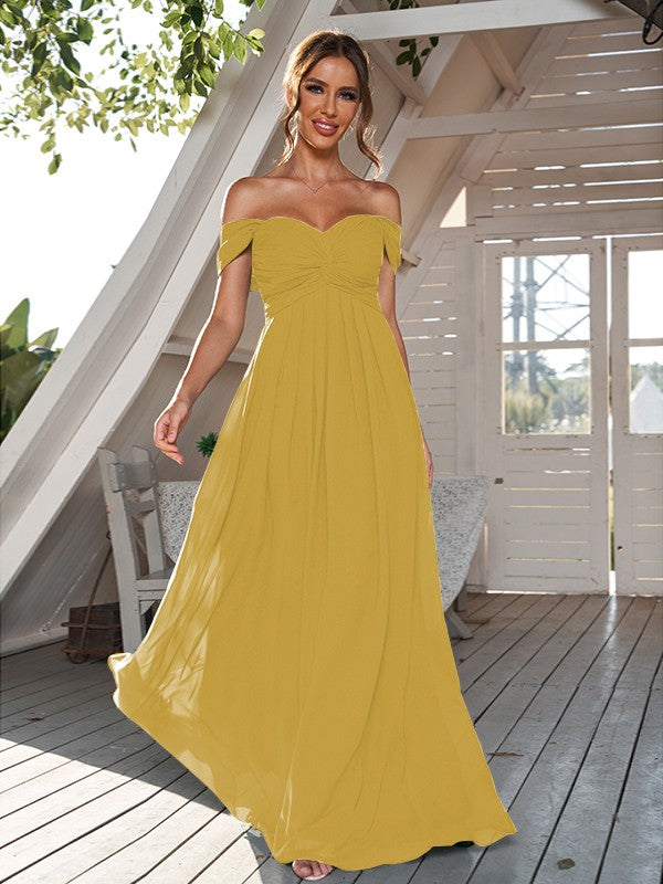 A-Line/Princess Chiffon Ruched Off-The-Shoulder Sleeveless Floor-Length Bridesmaid Dresses Evening Dress