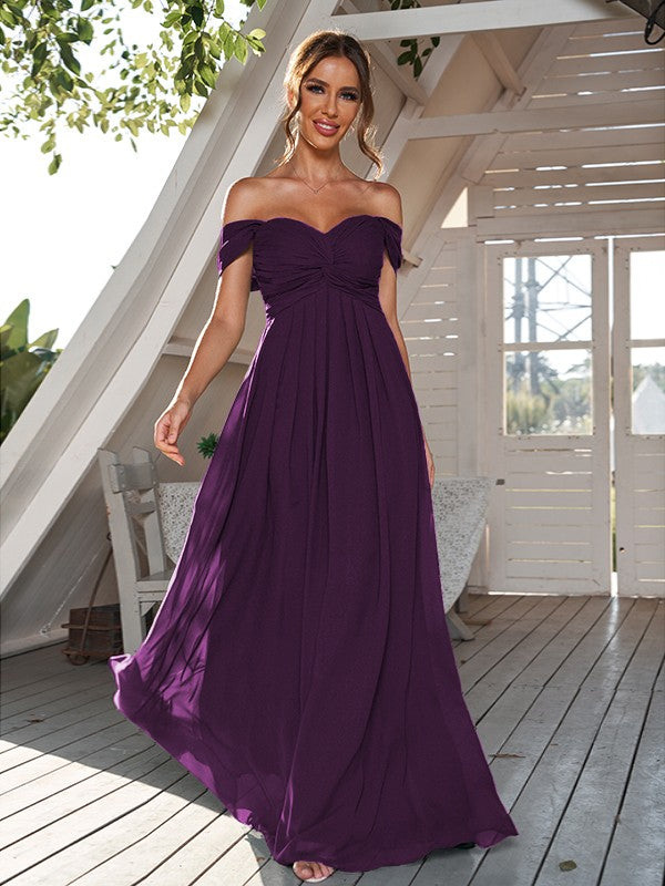A-Line/Princess Chiffon Ruched Off-The-Shoulder Sleeveless Floor-Length Bridesmaid Dresses Evening Dress
