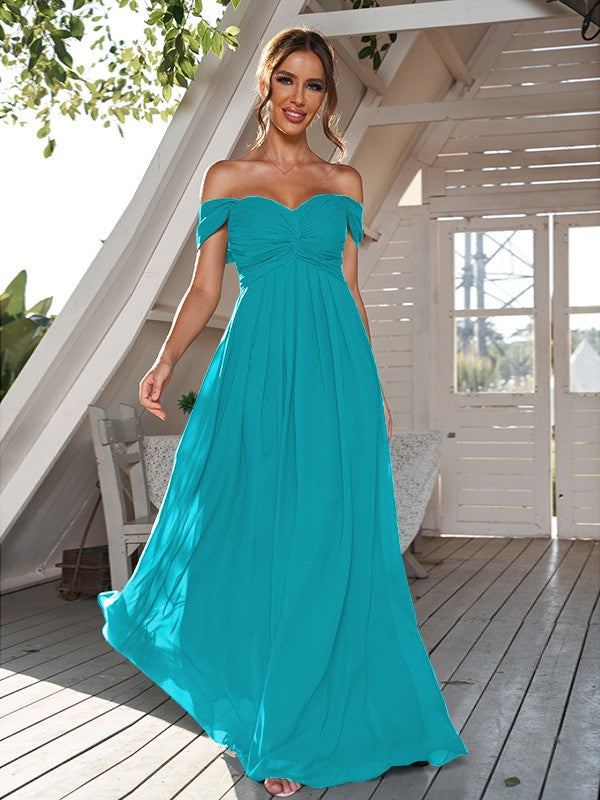 A-Line/Princess Chiffon Ruched Off-The-Shoulder Sleeveless Floor-Length Bridesmaid Dresses Evening Dress