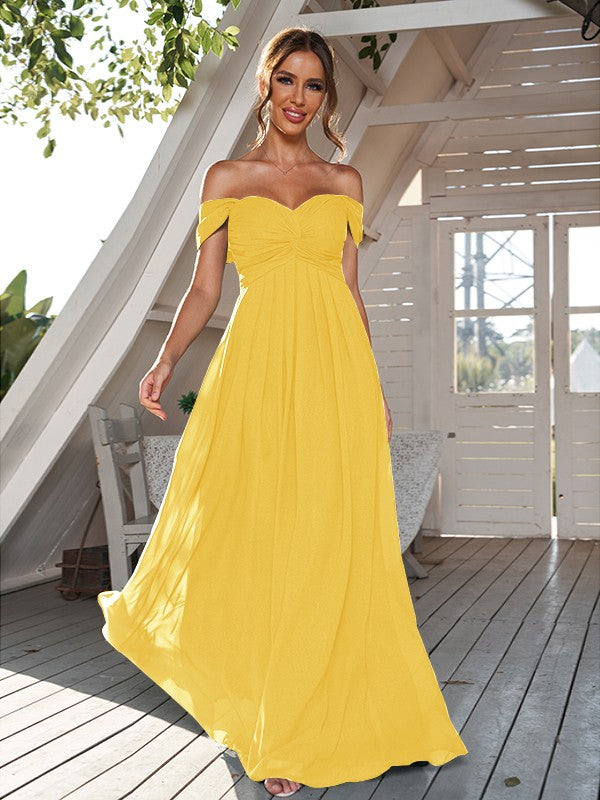 A-Line/Princess Chiffon Ruched Off-The-Shoulder Sleeveless Floor-Length Bridesmaid Dresses Evening Dress