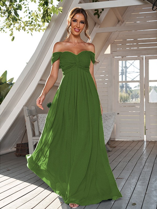 A-Line/Princess Chiffon Ruched Off-The-Shoulder Sleeveless Floor-Length Bridesmaid Dresses Evening Dress