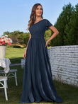 A-Line/Princess Chiffon Ruched One-Shoulder Short Sleeves Floor-Length Bridesmaid Dresses Formal Evening Dress