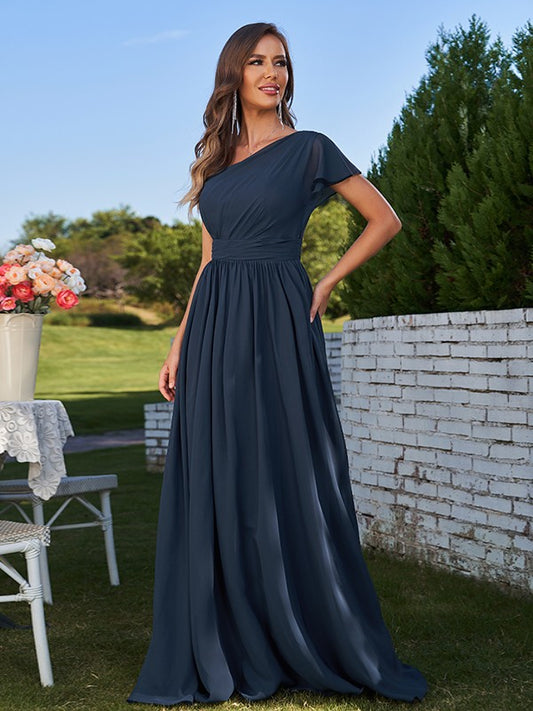 A-Line/Princess Chiffon Ruched One-Shoulder Short Sleeves Floor-Length Bridesmaid Dresses Formal Evening Dress