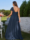 A-Line/Princess Chiffon Ruched One-Shoulder Short Sleeves Floor-Length Bridesmaid Dresses Formal Evening Dress