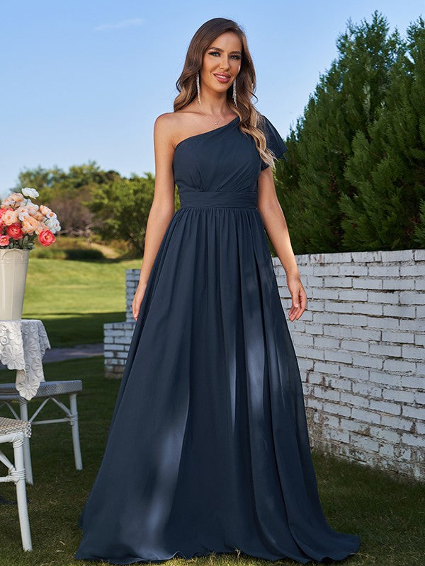 A-Line/Princess Chiffon Ruched One-Shoulder Short Sleeves Floor-Length Bridesmaid Dresses Formal Evening Dress