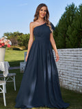 A-Line/Princess Chiffon Ruched One-Shoulder Short Sleeves Floor-Length Bridesmaid Dresses Formal Evening Dress