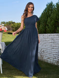 A-Line/Princess Chiffon Ruched One-Shoulder Short Sleeves Floor-Length Bridesmaid Dresses Formal Evening Dress