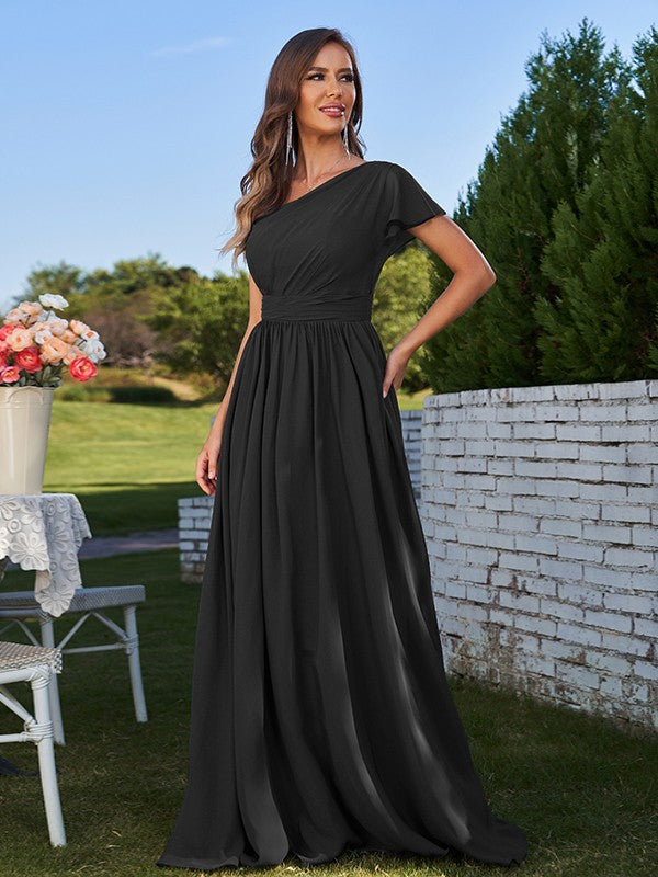 A-Line/Princess Chiffon Ruched One-Shoulder Short Sleeves Floor-Length Bridesmaid Dresses Formal Evening Dress