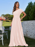 A-Line/Princess Chiffon Ruched One-Shoulder Short Sleeves Floor-Length Bridesmaid Dresses Formal Evening Dress