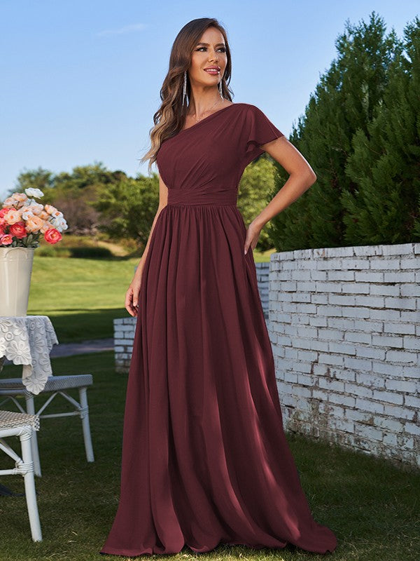 A-Line/Princess Chiffon Ruched One-Shoulder Short Sleeves Floor-Length Bridesmaid Dresses Formal Evening Dress