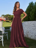 A-Line/Princess Chiffon Ruched One-Shoulder Short Sleeves Floor-Length Bridesmaid Dresses Formal Evening Dress