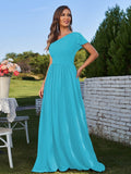 A-Line/Princess Chiffon Ruched One-Shoulder Short Sleeves Floor-Length Bridesmaid Dresses Formal Evening Dress
