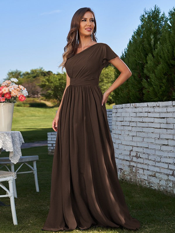 A-Line/Princess Chiffon Ruched One-Shoulder Short Sleeves Floor-Length Bridesmaid Dresses Formal Evening Dress