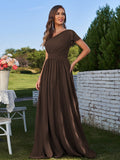 A-Line/Princess Chiffon Ruched One-Shoulder Short Sleeves Floor-Length Bridesmaid Dresses Formal Evening Dress