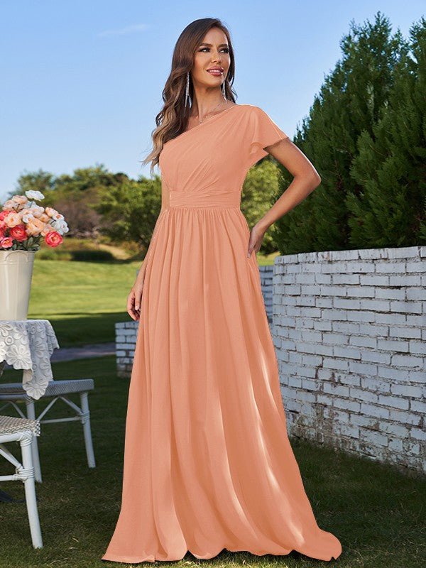 A-Line/Princess Chiffon Ruched One-Shoulder Short Sleeves Floor-Length Bridesmaid Dresses Formal Evening Dress