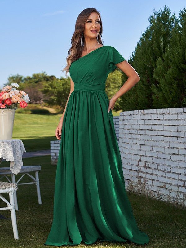 A-Line/Princess Chiffon Ruched One-Shoulder Short Sleeves Floor-Length Bridesmaid Dresses Formal Evening Dress