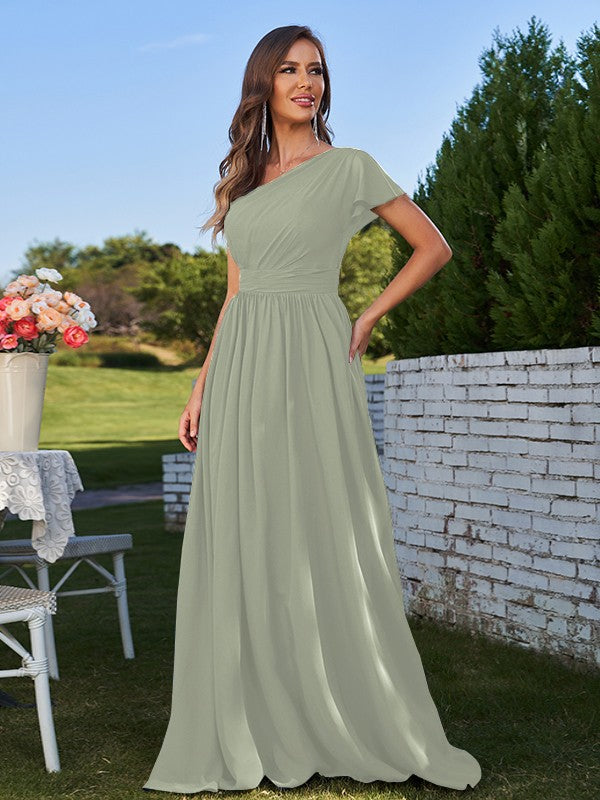 A-Line/Princess Chiffon Ruched One-Shoulder Short Sleeves Floor-Length Bridesmaid Dresses Formal Evening Dress