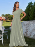 A-Line/Princess Chiffon Ruched One-Shoulder Short Sleeves Floor-Length Bridesmaid Dresses Formal Evening Dress