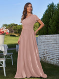 A-Line/Princess Chiffon Ruched One-Shoulder Short Sleeves Floor-Length Bridesmaid Dresses Formal Evening Dress