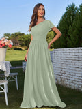 A-Line/Princess Chiffon Ruched One-Shoulder Short Sleeves Floor-Length Bridesmaid Dresses Formal Evening Dress