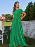 A-Line/Princess Chiffon Ruched One-Shoulder Short Sleeves Floor-Length Bridesmaid Dresses Formal Evening Dress